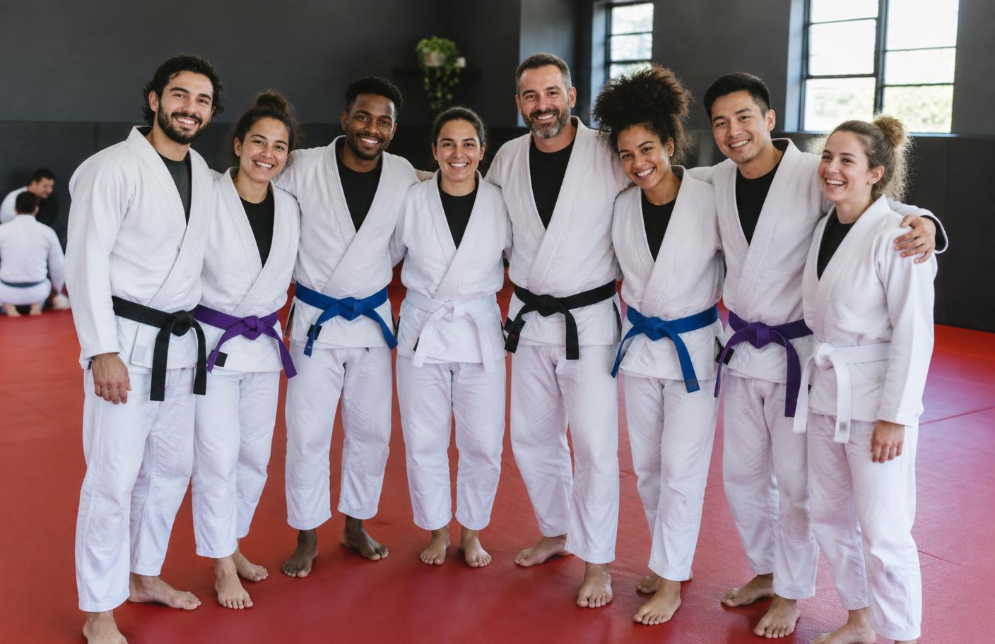 Adult Jiu-Jitsu students together on the mats after class