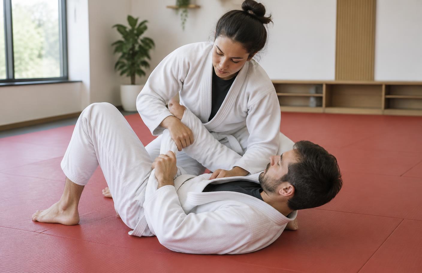 Two adult beginners drilling a controlled Jiu-Jitsu technique on the mats