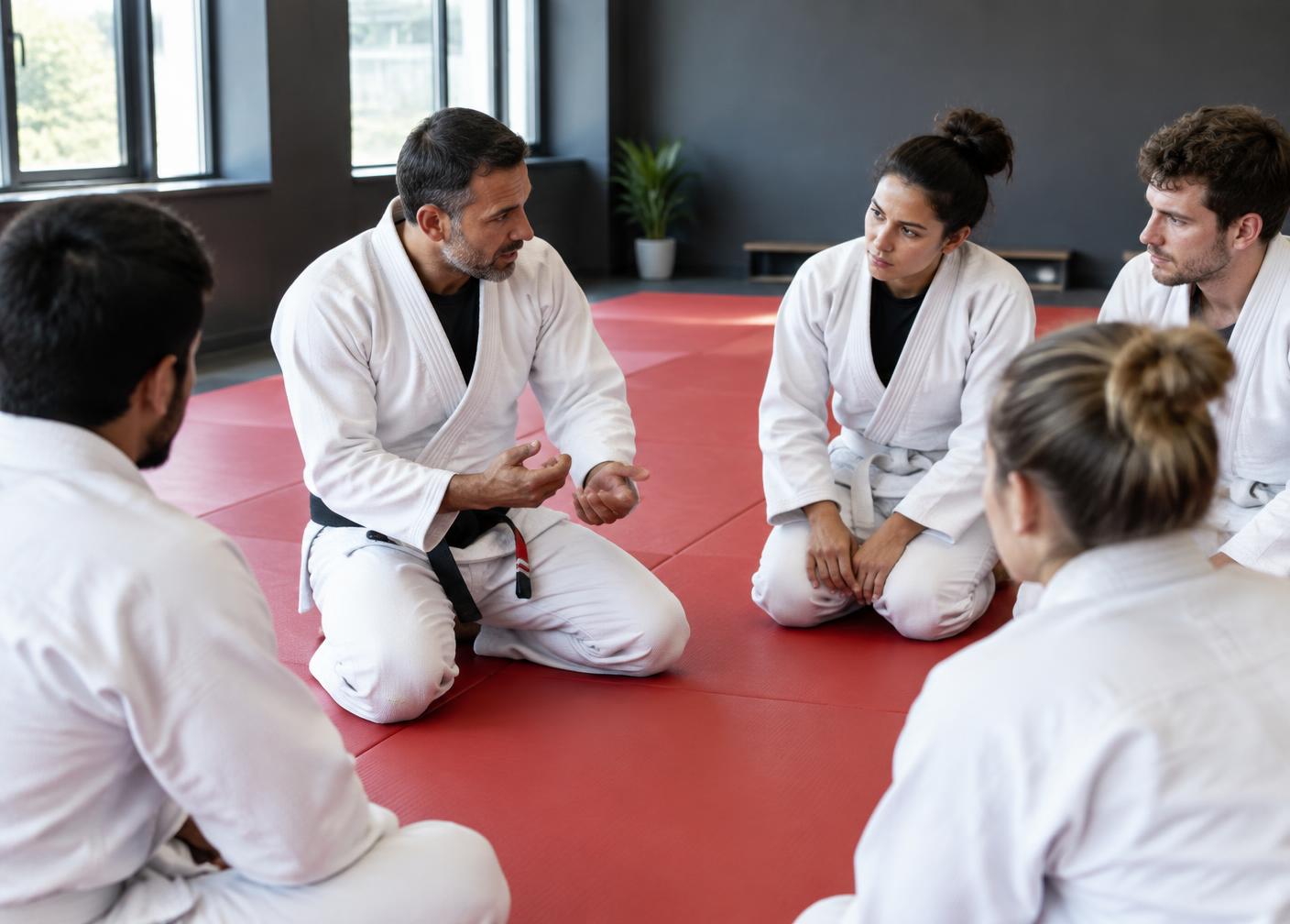 A Gracie Barra Professor explaining a Jiu-Jitsu detail to a group of adult students
